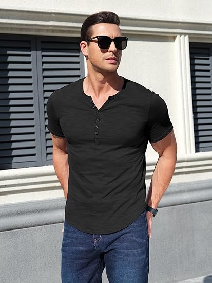 Comdecevis Men's Henley Shirts Short Sleeve Regular Fit Shirts Vintage Casual Button V Neck T-Shirts for Men