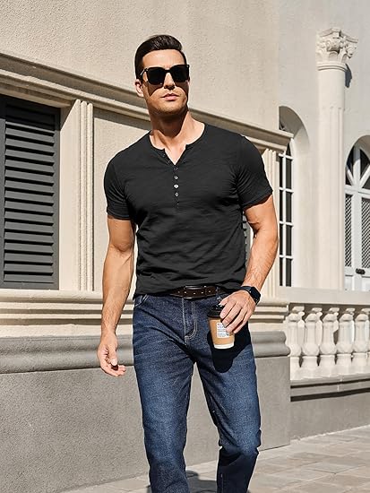 Comdecevis Men's Henley Shirts Short Sleeve Regular Fit Shirts Vintage Casual Button V Neck T-Shirts for Men